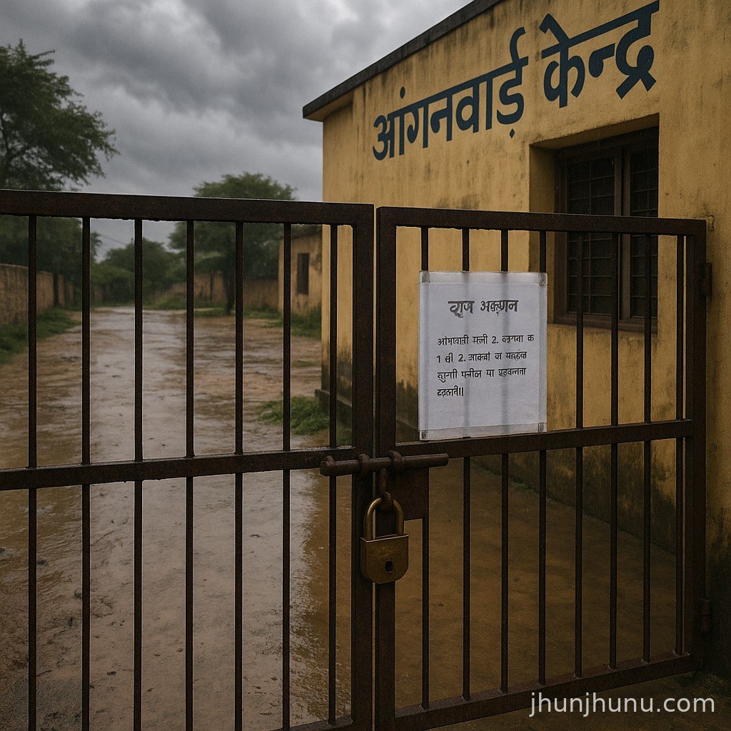झुंझुनू में बारिश के कारण बंद आंगनवाड़ी केंद्र का दृश्य, गेट पर अवकाश का नोटिस