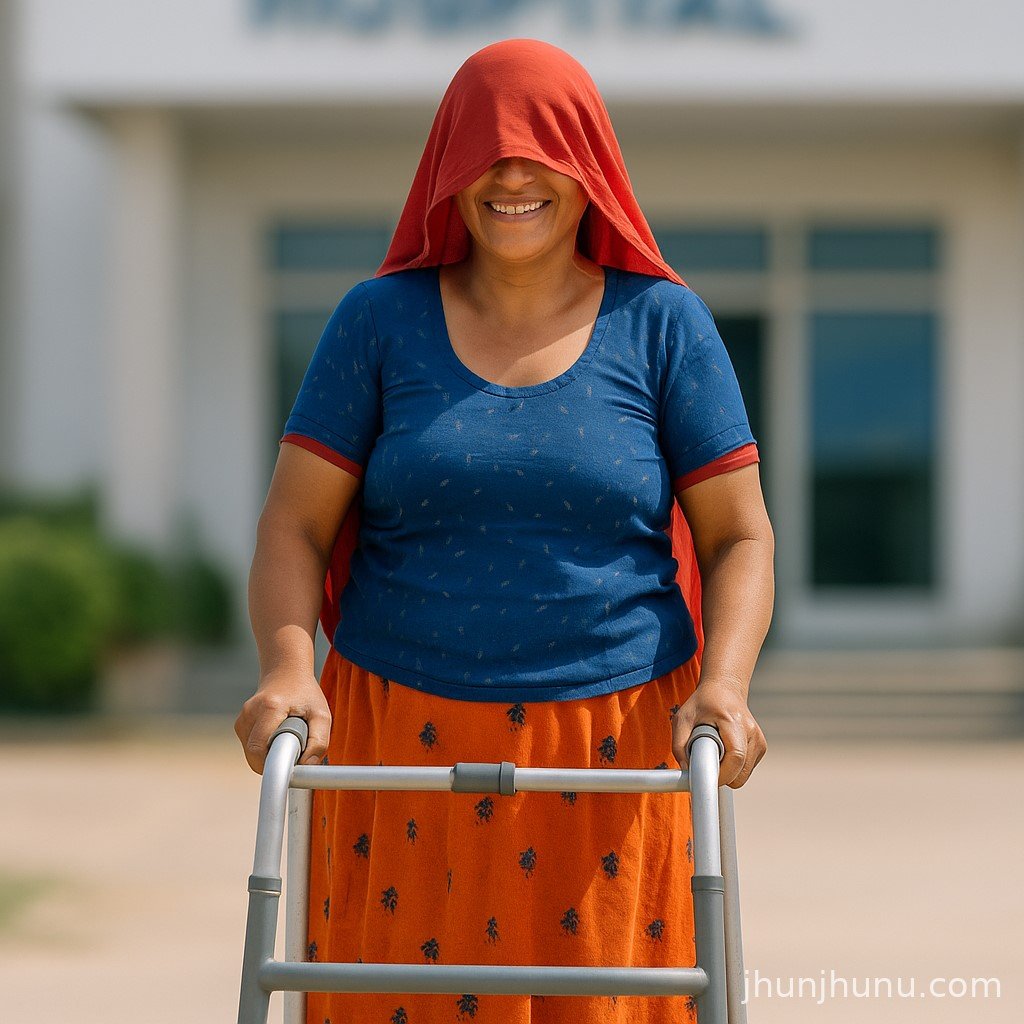 झुंझुनू में सफल घुटना प्रत्यारोपण के बाद वॉकर के सहारे खड़ी महिला मरीज