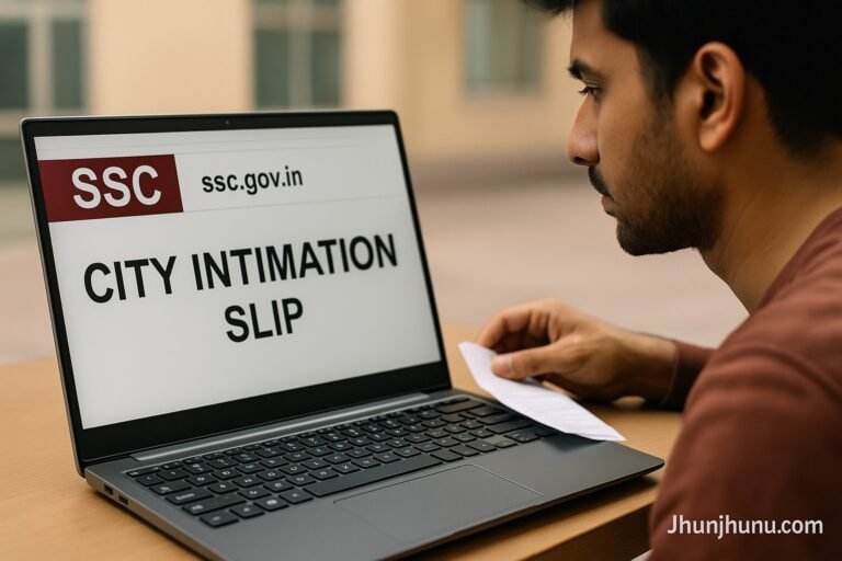 “SSC CHSL 2025 परीक्षा के लिए उम्मीदवार लैपटॉप पर ssc.gov.in वेबसाइट से सिटी इंटिमेशन स्लिप डाउनलोड करते हुए।”