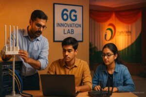 “भारतीय इंजीनियर 5G लैब में रिसर्च करते हुए, ESTIC 2025 में 6G तकनीक की दिशा में भारत का कदम।”